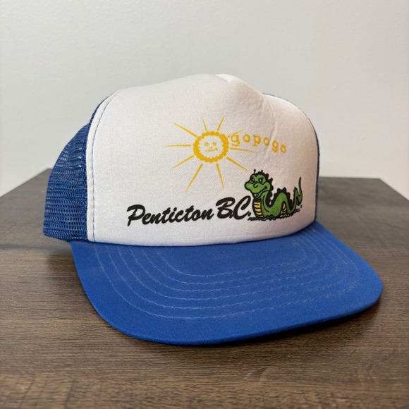 Vintage Penticton BC Canada Go Pogo Trucker Hat Royal Blue White Adjustable - Picture 1 of 4